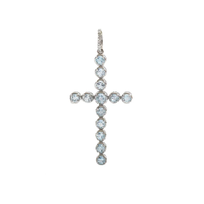 Women’s silver pendant necklaces-Aquamarine and Diamond Cross Pendant P0000355