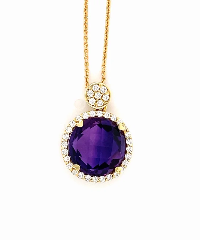 Women’s boho style necklaces-Mini Round Amethyst Pendant With Diamonds 287-JSA