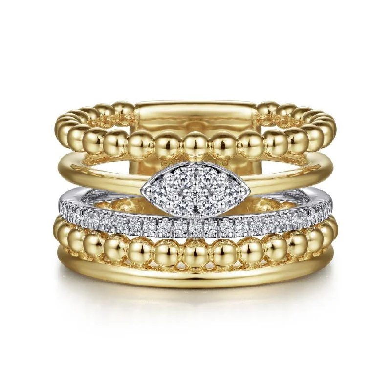 Women’s gold engagement rings-Gabriel & Co. - LR52215M45JJ - 14K White-Yellow Gold Bujukan And Diamond Wide Band