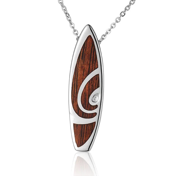 Women’s anniversary necklaces-Hawaiian Jewelry Koa Wood inlaid Solid Silver Surfboard Pendant (Chain Sold Separately)