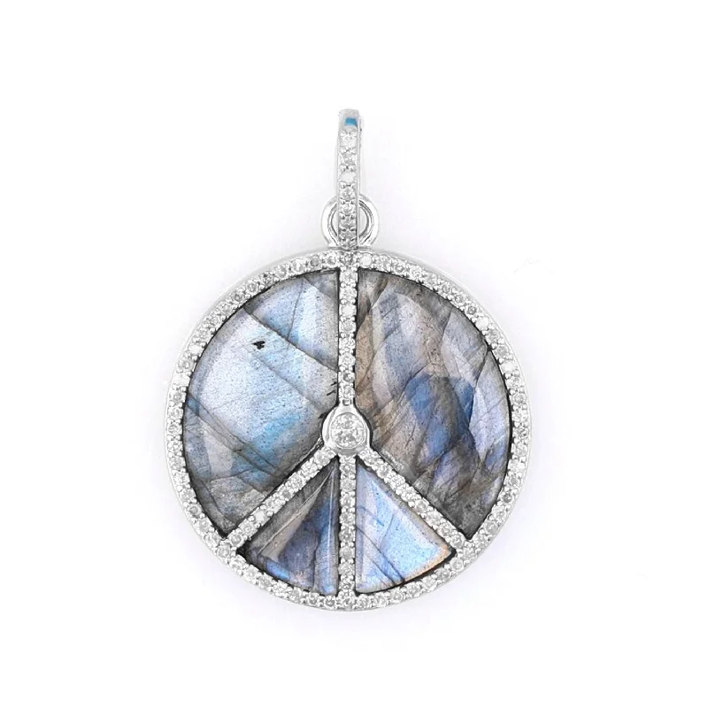 Women’s long chain necklaces-Labradorite Inlay Peace Sign Pendant with Diamond Bezel Center  P1085LBX