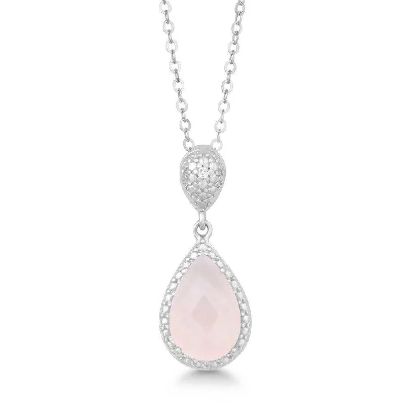 Women’s engraved necklaces-Sterling Silver Rose Quartz Diamond Pendant