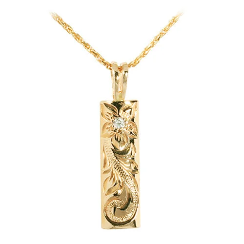 Women’s emerald necklaces-14K Gold Custom-Made Hawaiian Scroll with Diamond Inlay Smooth Edge Vertical Pendant (Thickness 1.5mm)