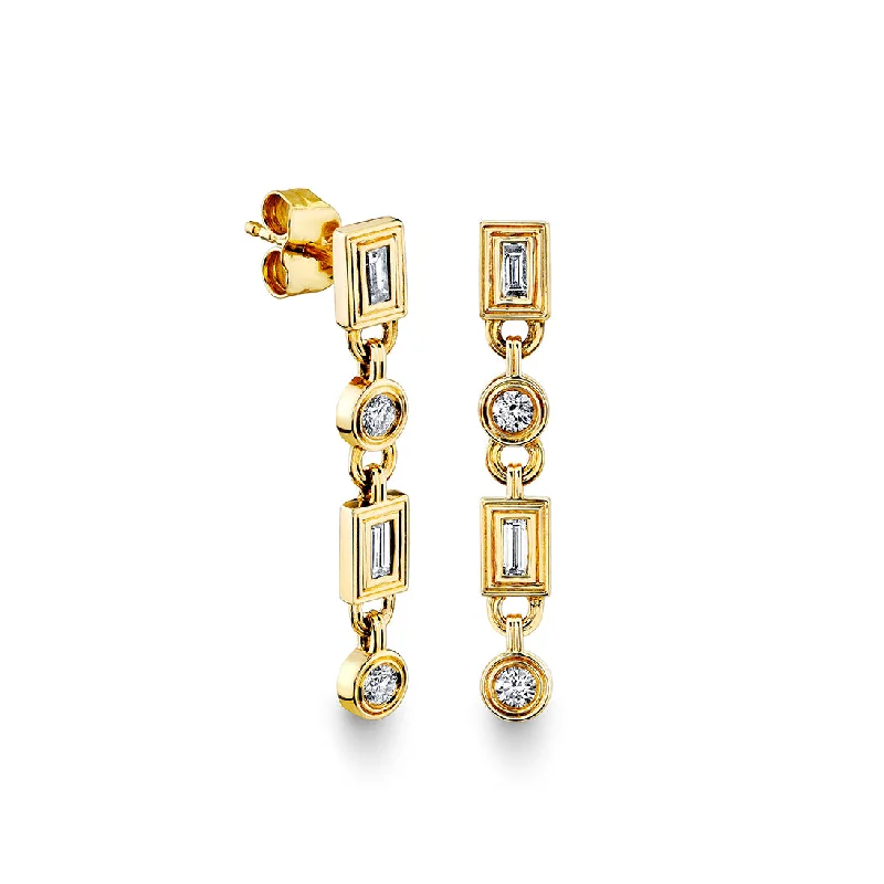 Women’s diamond earrings-Gold & Diamond Fluted Baguette & Round Long Drop Earring