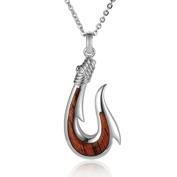 Women’s contemporary necklaces-KOA Wood inlaid Sterling Silver Fish Hook Pendant (Chain Sold Separately)