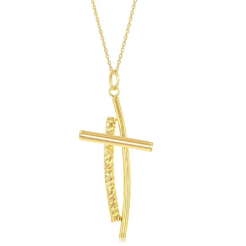 Women’s cubic zirconia necklaces-Sterling Silver Gold Plated Diamond Cut Double Cross Pendant