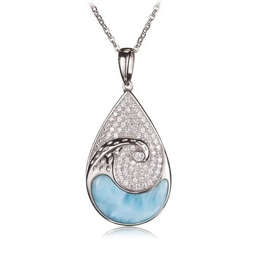 Women’s diamond and sapphire necklaces-Water Drop Sterling Silver Pendant with Wave Shape Larimar Inlay and Pave Cubic Zirconia(Chain Sold Separately)