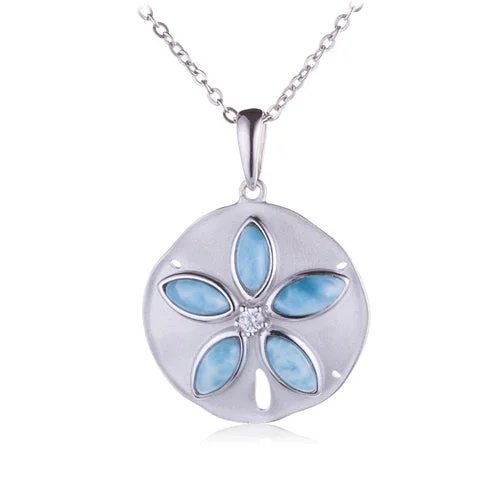 Women’s ruby necklaces-Sterling Silver Larimar Inlay CZ Sand Dollar Pendant(Chain Sold Separately)