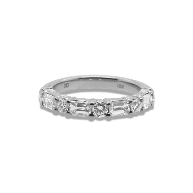 18k White Gold Alternating Emerald Cut & Round Diamond Band