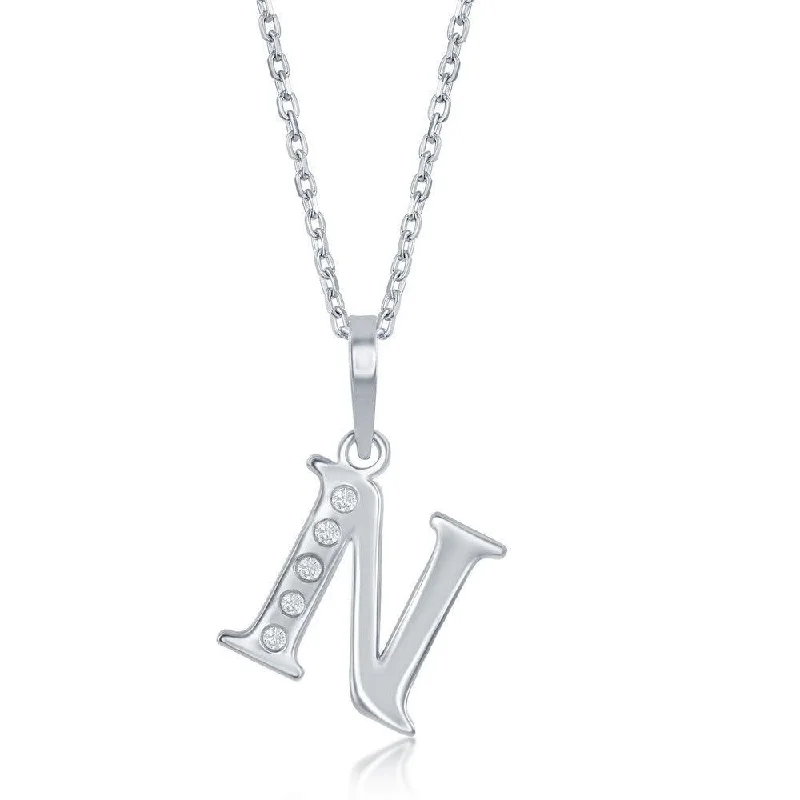 Women’s romantic necklaces-Sterling Silver Diamond "N" Initial Pendant Chain