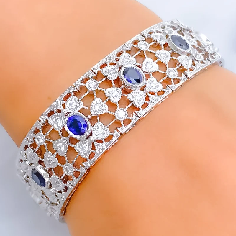 Women’s timeless bracelets-Impressive Floral Blue Sapphire Diamond + 18k Gold Bracelet