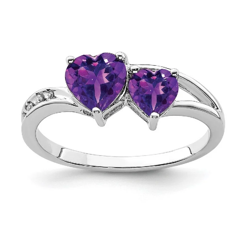 Women’s promise rings-Curata 925 Sterling Silver Polished Open back Rhodium Plated Diamond and Amethyst Love Heart Ring