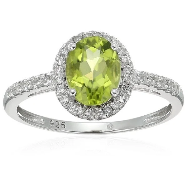 Women’s romantic rings-Sterling Silver Oval Peridot, White Topaz Ring - Green