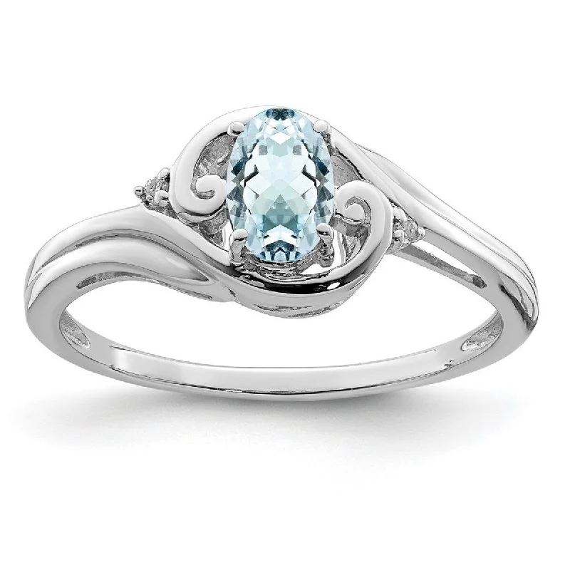 Women’s radiant diamond rings-Curata 925 Sterling Silver Polished Open back Rhodium Plated Diamond and Aquamarine Ring