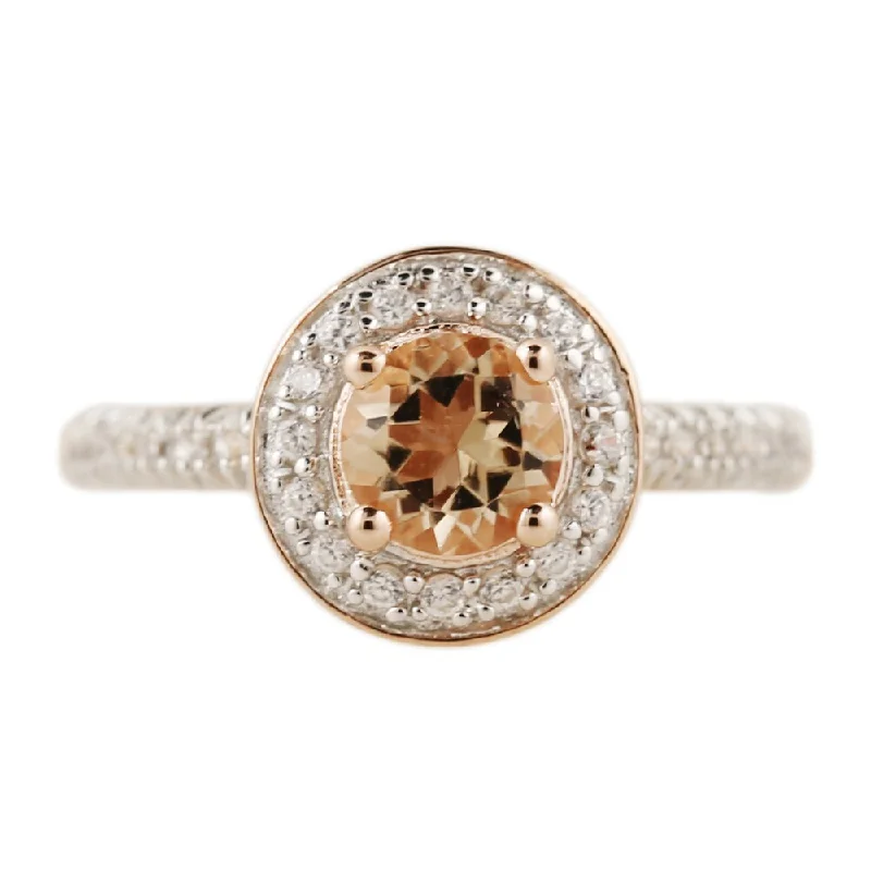 Women’s fine jewelry rings-Rose-gold plated Silver Morganite and Natural White Zircon Halo Ring