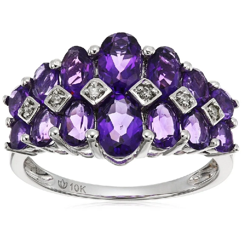 Women’s art deco rings-10k White Gold African Amethyst, Diamond Accented Band Ring, Size 7 - Purple