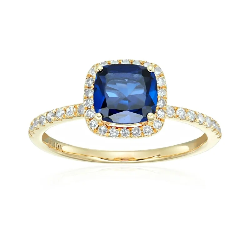 Women’s gemstone engagement rings-10k Yellow Gold Created Blue Sapphire & Diamond Ring