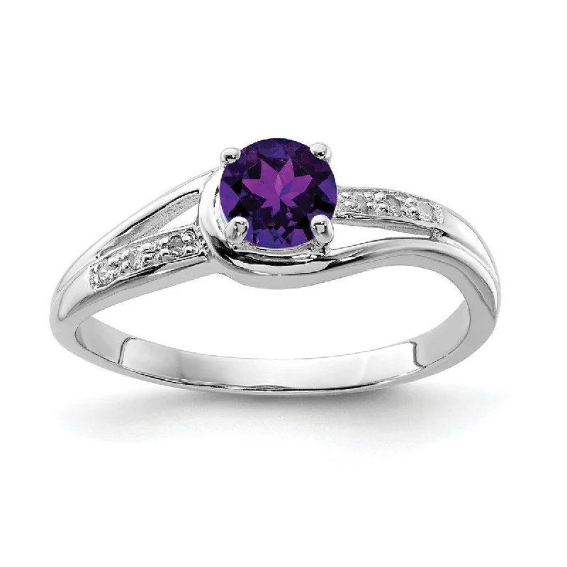 Women’s vintage engagement rings-Curata 925 Sterling Silver Polished Prong set Open back Rhodium Plated Diamond and Amethyst Round Ring