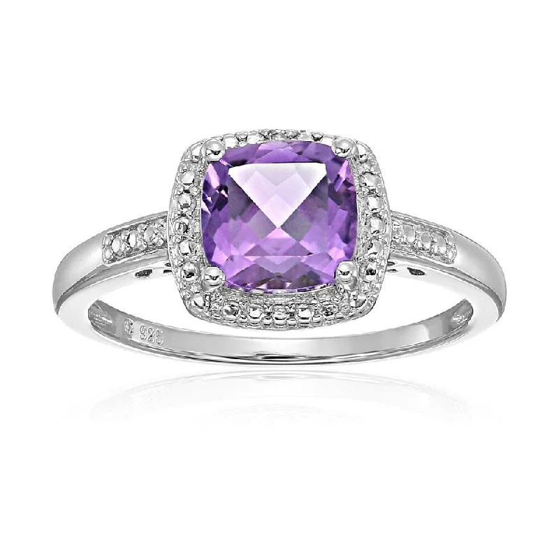 Women’s silver gemstone rings-Sterling Silver Cushion Amethyst and Diamond Ring