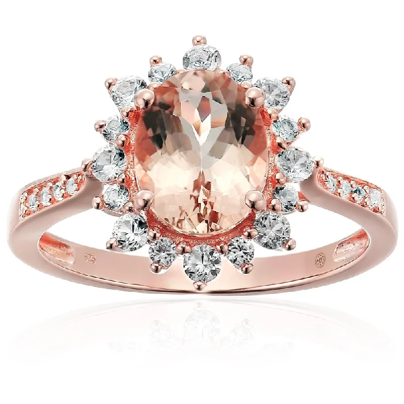 Women’s men’s style rings-Rose Gold-plated Silver Morganite, Created White Sapphire Ring, Size 7 - Pink