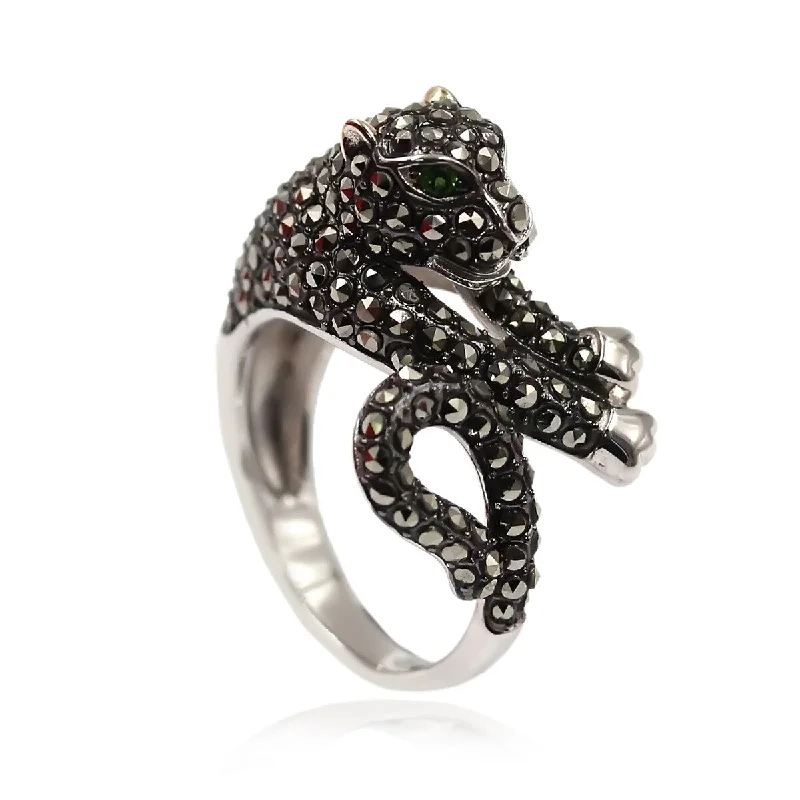 Women’s thin bands rings-14k Gold and Sterling Silver Chrome Diopside and Marcasite Ring