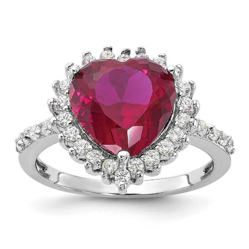 Women’s gemstone rings-Curata 925 Sterling Silver Faceted 100 facet Simulated Ruby and Cubic Zirconia Love Heart Ring