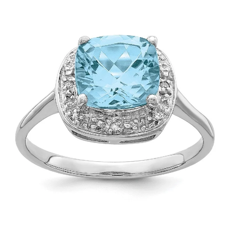 Women’s minimalist rings-Curata 925 Sterling Silver Polished Open back Rhodium Plated Diamond and Light Swiss Blue Topaz Ring