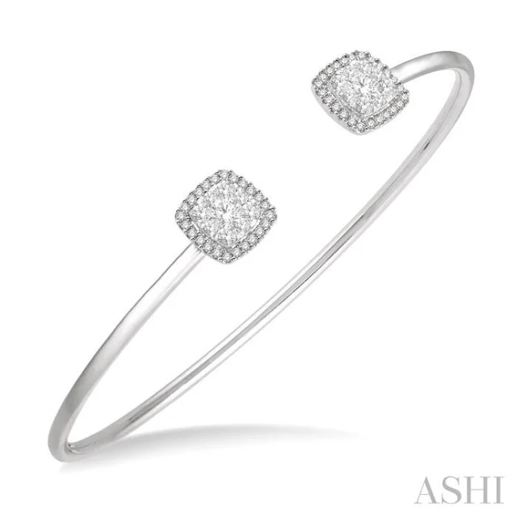 Women’s trendy bangles-3/4 Ctw Cushion Shape Lovebright Open Cuff Diamond Bangle in 14K White Gold