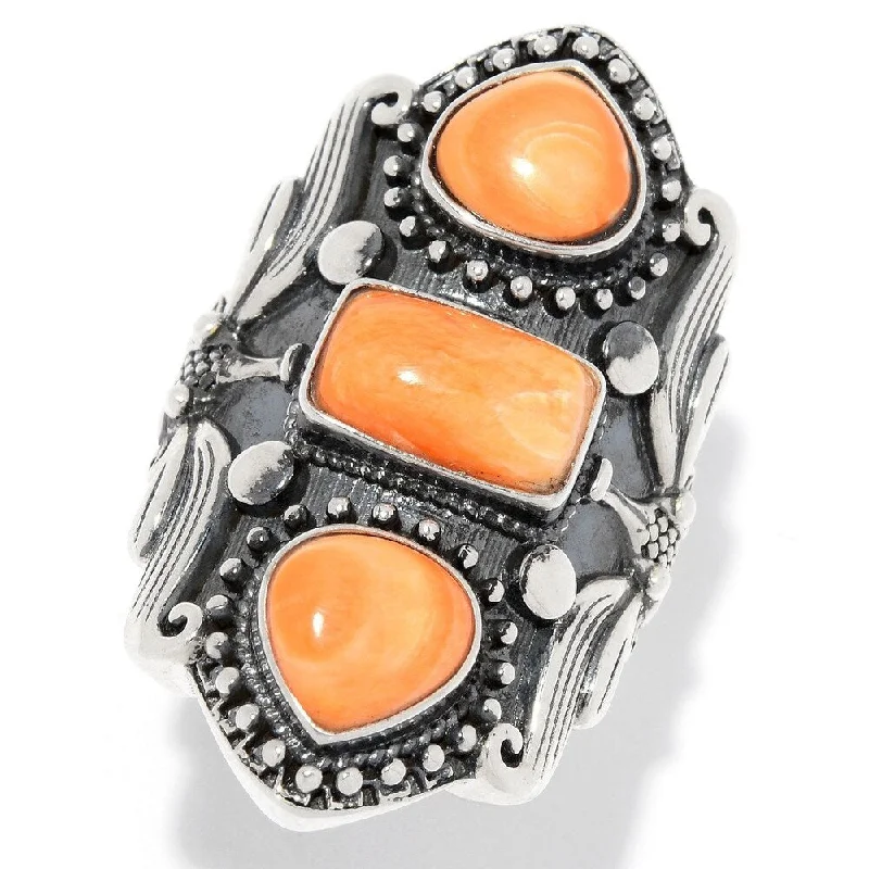 Women’s vintage engagement rings-Sterling Silver Orange Spiny Oyster 3-Stone Shield Ring