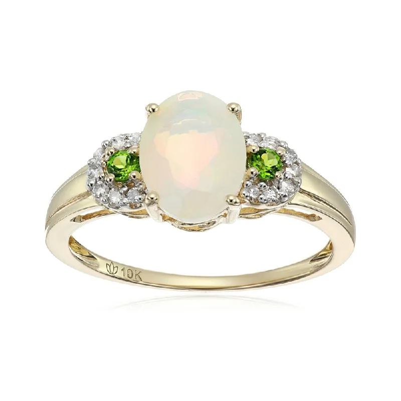 Women’s engraved rings-10k Yellow Gold Ethiopian Opal, Chrome & Diamond Ring