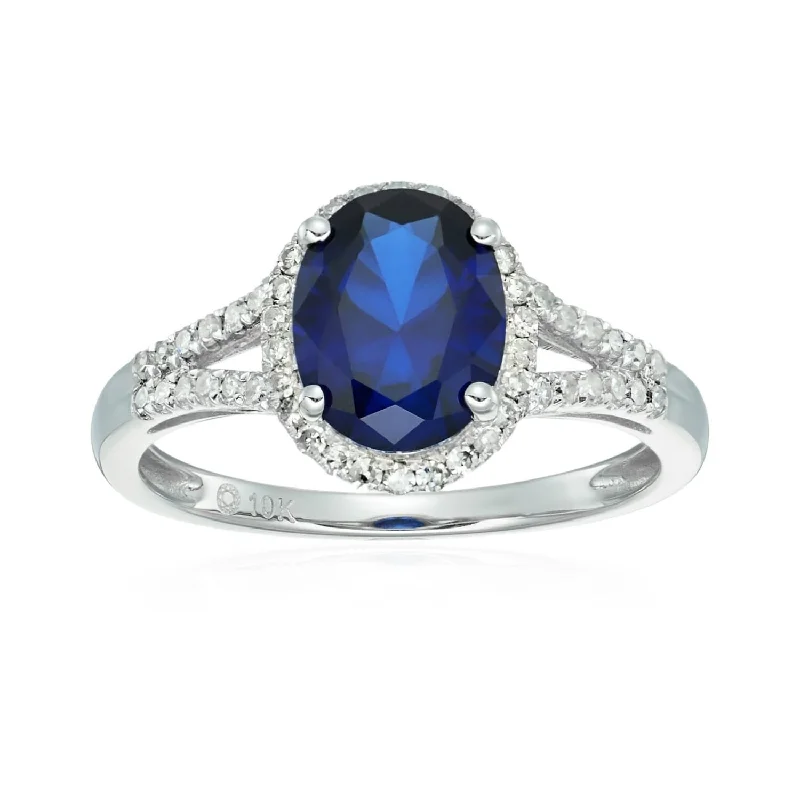 Women’s silver rings-10k White Gold Created Blue Sapphire & Diamond Ring