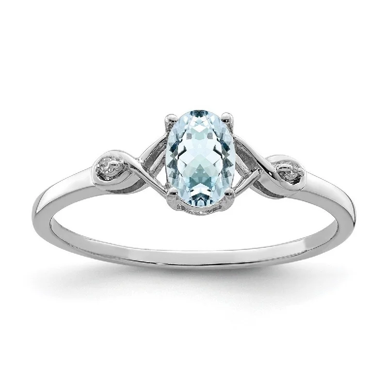 Women’s sapphire rings-Curata 925 Sterling Silver Polished Open back Rhodium Plated Diamond and Aquamarine Oval Ring