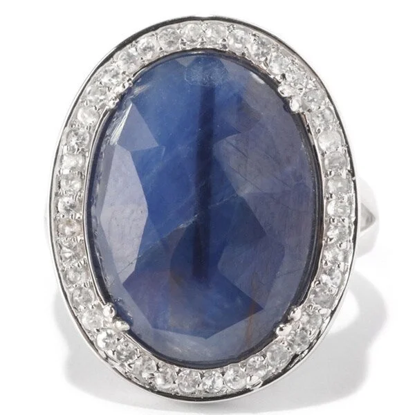 Women’s luxury gemstone rings-Sterling Silver Platinum Plated 10.5TCW Sliced Blue Sapphire & Natural White Zircon Halo Ring