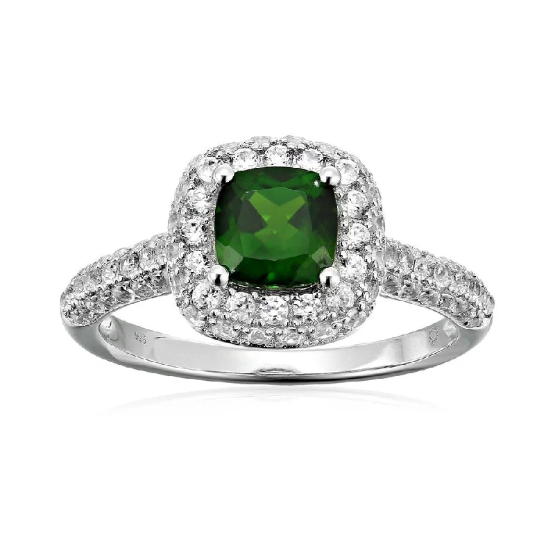 Women’s vintage wedding rings-Sterling Silver Chrome Diopside Halo Ring