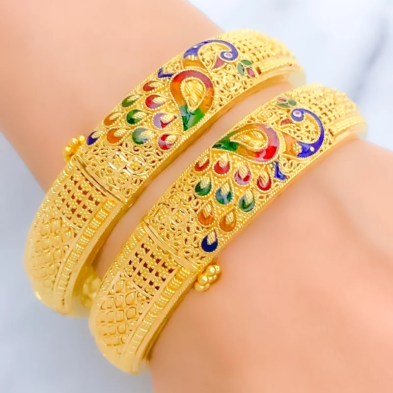 Women’s multi-strand bracelets-Royal Peacock Enameled 22k Gold Bangle Pair