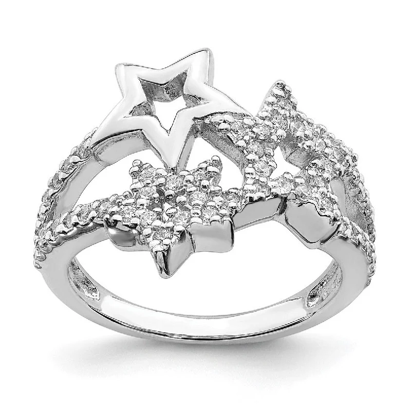 Women’s vintage wedding rings-Curata 925 Sterling Silver Polished Rhodium Plated CZ Cubic Zirconia Simulated Diamond Triple Star Ring