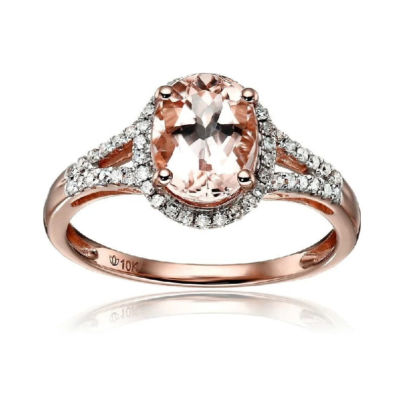 Women’s thin bands rings-10kt Rose Gold Morganite and Diamond Oval Halo Ring