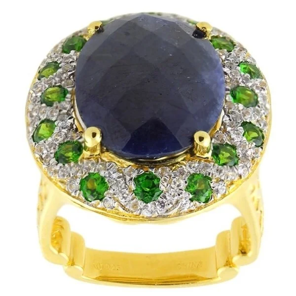 Women’s luxury rings-Sterling Silver 13 1/4 ctw Blue Sapphire, White Zircon and Chrome Diopside Ring