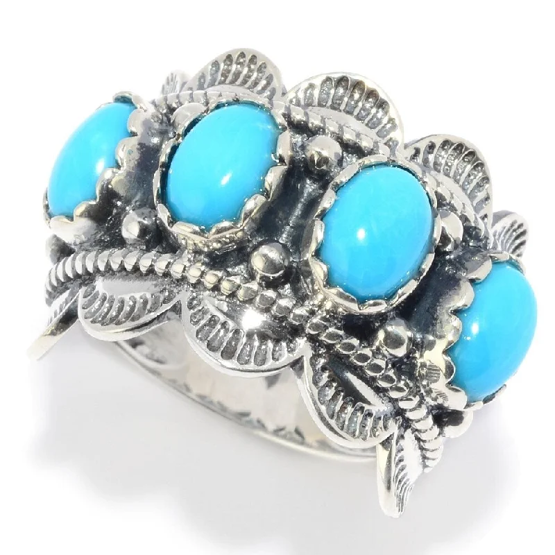 Women’s princess cut rings-Sterling Silver Kingman Turquoise Scalloped Edge Band Ring