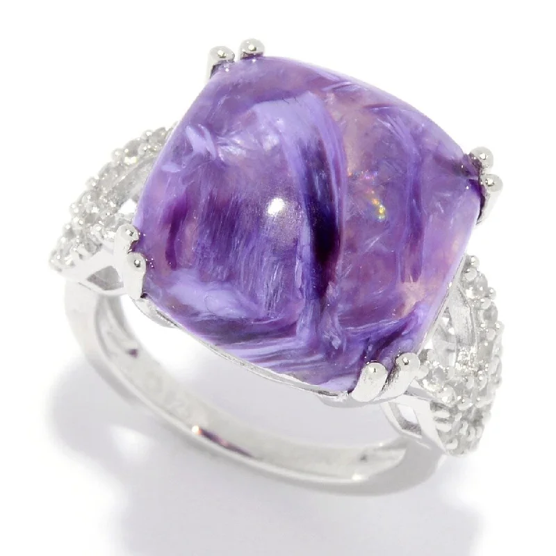 Women’s emerald rings-Sterling Silver 15mm Cushion Shaped Charoite & White Zircon Ring