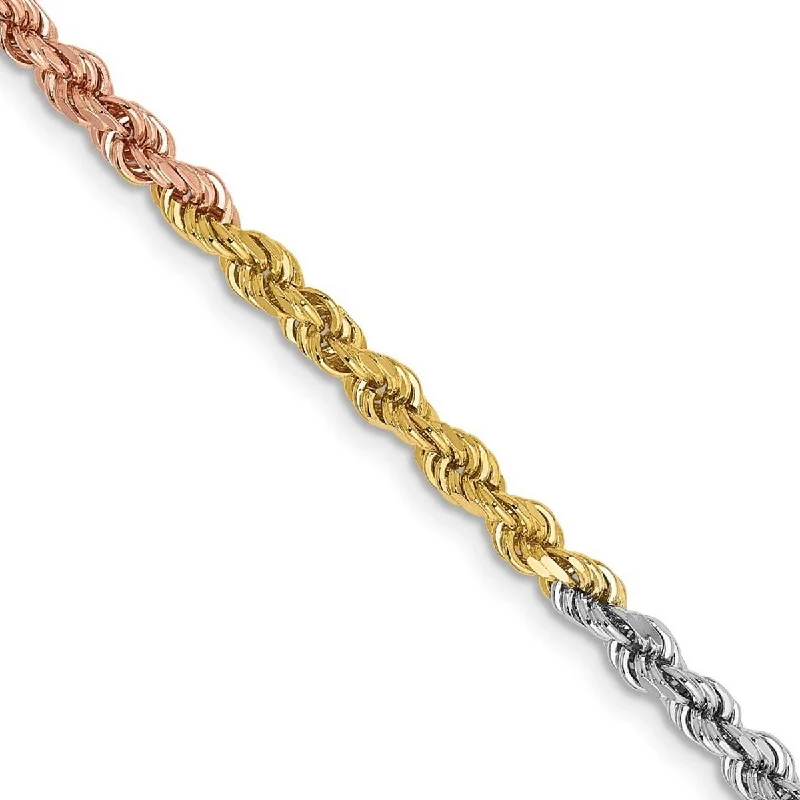 Women’s adjustable bangles-Curata 14k Tri Color Solid Gold 2.9mm Sparkle Cut Rope Chain Bracelet Lobster Claw