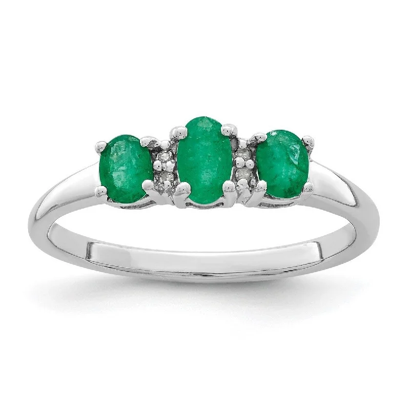 Women’s modern rings-Curata 925 Sterling Silver Oval Polished Open back Rhodium 3 Emerald and Diamond Love Heart Ring