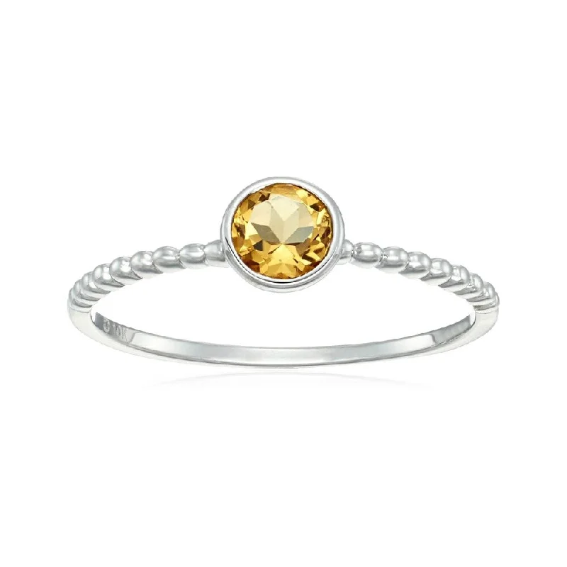 Women’s floral rings-10k White Gold Citrine Solitaire Beaded Shank Stackable Ring, Size 7 - Yellow