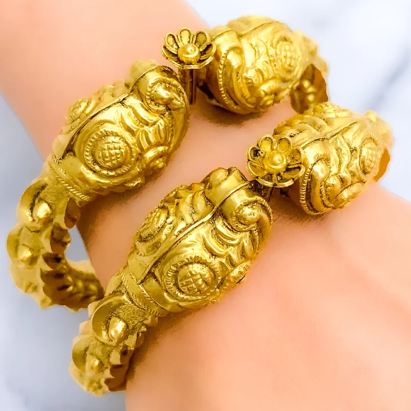 Women’s heart bracelets-Upscale Oxidized Hathi 22k Gold Bangles