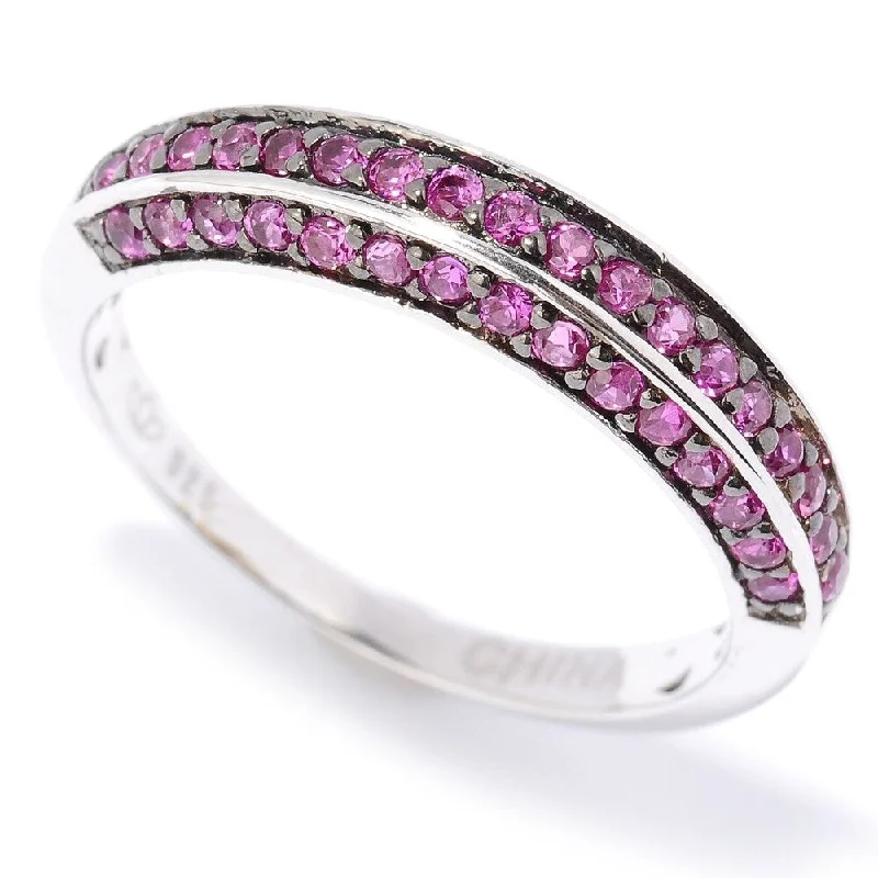 Women’s unique rings-Platinum Plated Sterling Silver Pave Set Ruby Cubic Zirconia Half-band Ring