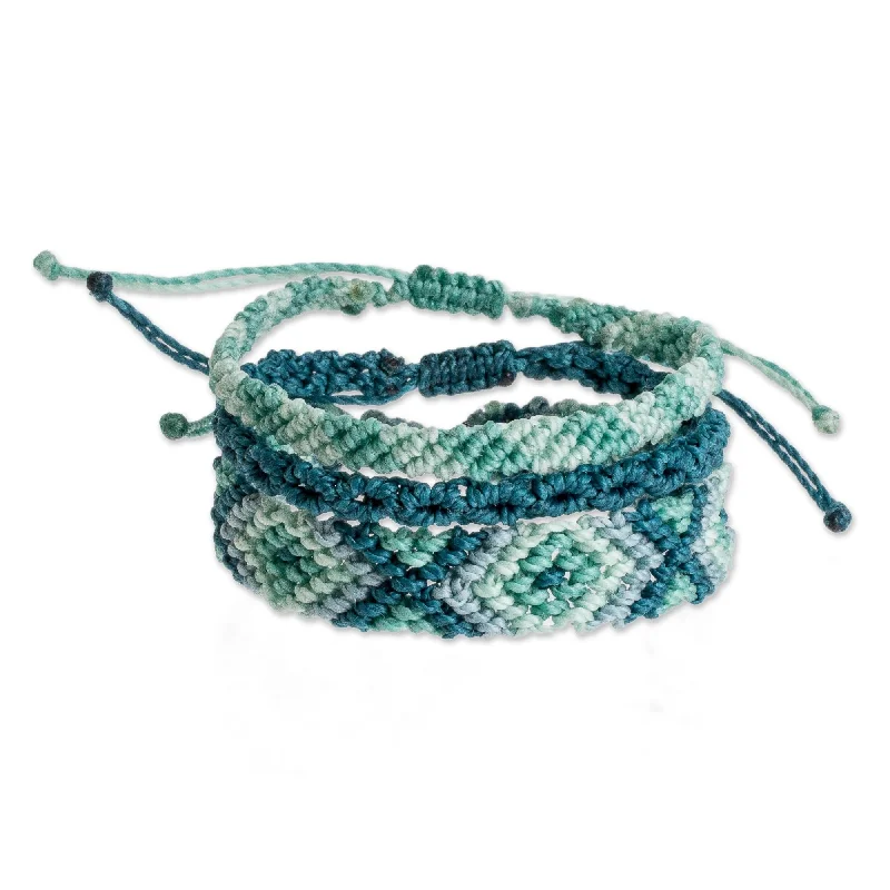 Women’s boho bangles-Novica Handmade Seafoam Surf Macrame Wristband Bracelets (Set Of 3)