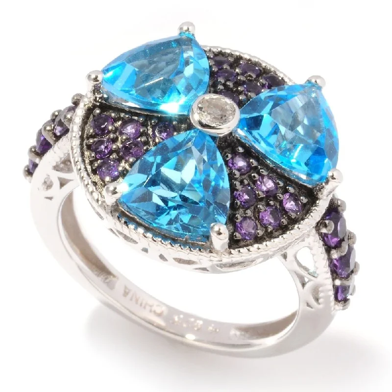 Women’s modern rings-Sterling Silver 4.62Ctw Swiss Blue Topaz, African Amethyst Cluster Ring