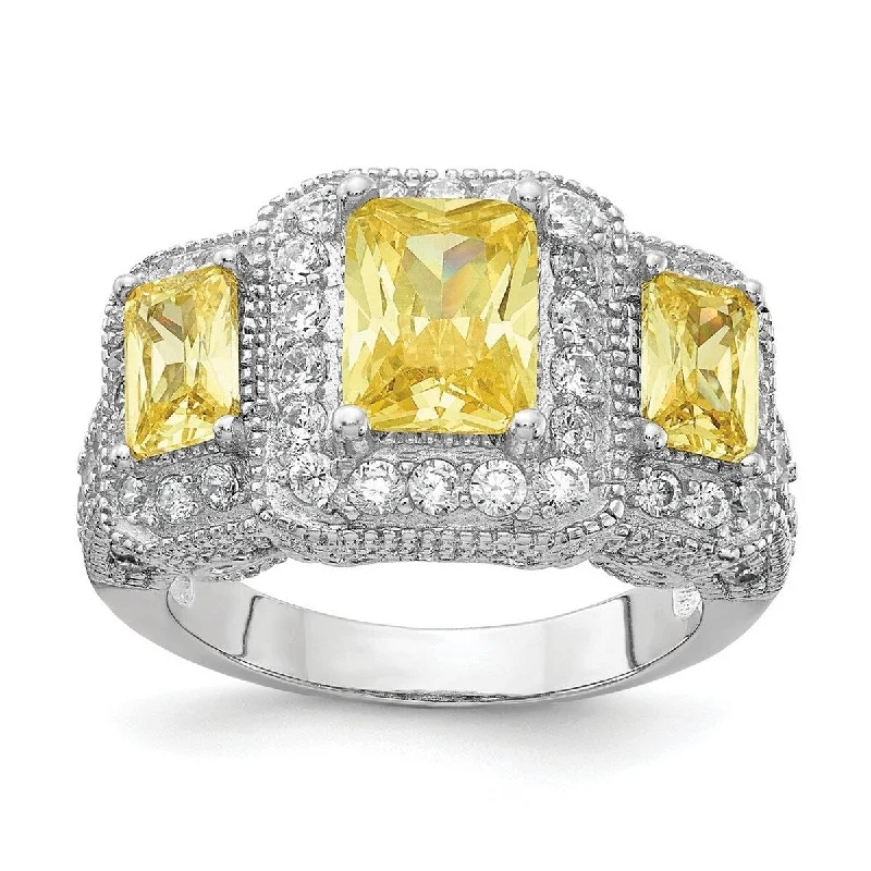 Women’s fine jewelry rings-Curata 925 Sterling Silver Step Cut Radiant Cut Canary and White CZ Cubic Zirconia Simulated Diamond 3 stone Ring