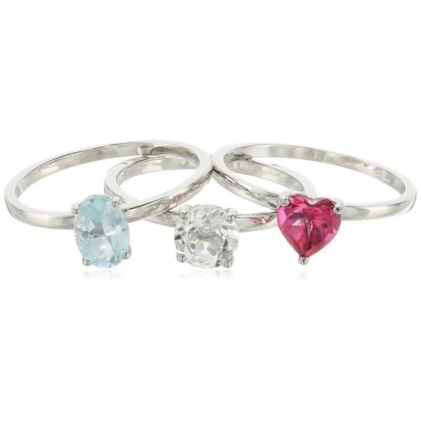 Women’s art deco rings-Sterling Silver Pink, Blue Topaz, Crystal set of 3 Ring, Size 7 - Pink