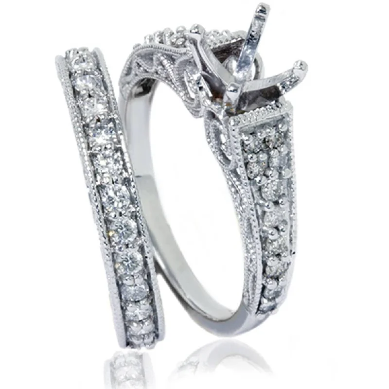 Women’s thin bands rings-3/4ct Vintage Diamond Ring Heirloom Filigree Set White Gold